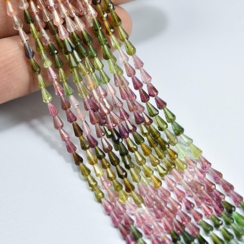 Natural Multi Tourmaline Straight Drill Drops Faceted Beads 3X4.5-3X5mm 13 inch Long String Jewelry Making Gemstone Beads for Necklace Bracelet