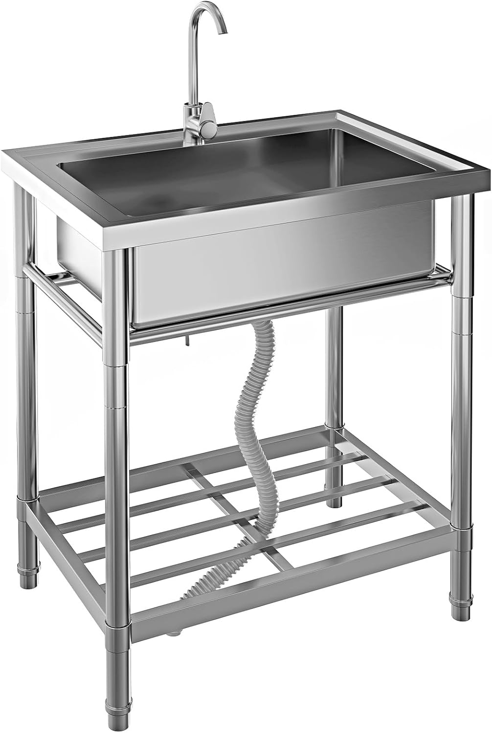 Stainless Steel Utility Sink, Free Standing Single Bowl Kitchen Sink with Faucet, Hot and Cold Water Pipe, for Garage, Shop, Laundry, Sliver