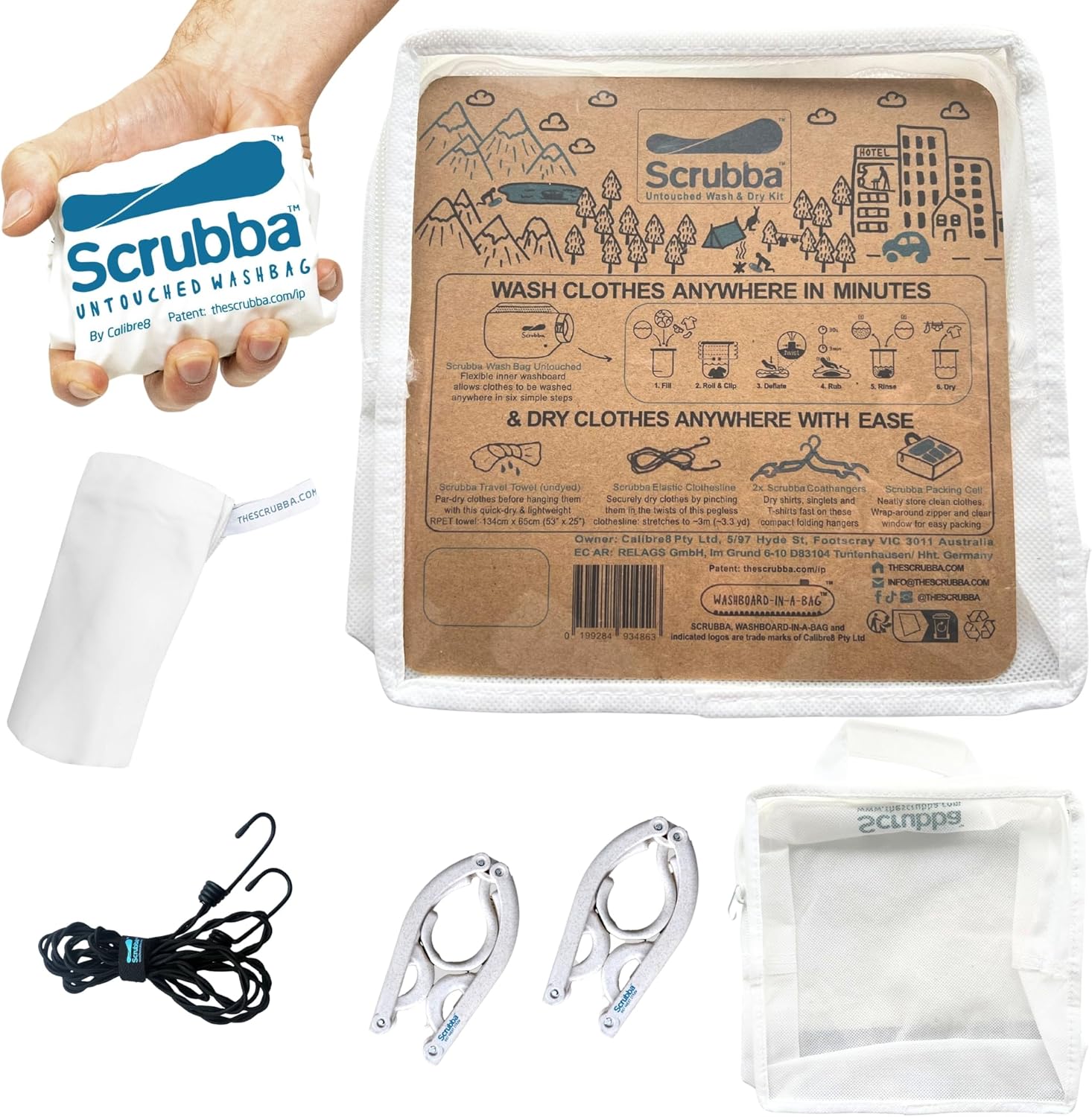 Scrubba UNTOUCHED Wash Bag & Dry Kit – Portable Washing Machine System with XL Towel, Pegless Clothesline & Hangers – Lightweight Eco-Friendly Travel Laundry Kit for Camping, Hiking & RV
