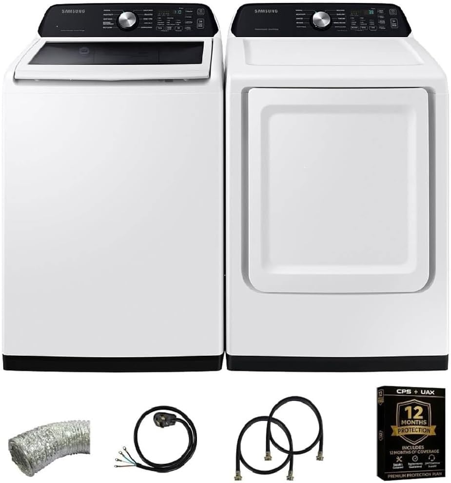 Samsung White Top Load High-Efficiency Smart Washer/Dryer Pair 4.7 Cu Ft Washer 7.4 Cu Ft Electric Dryer with Vent Power Cable 2 Water Hoses and 12 Month CPS Protection Plan
