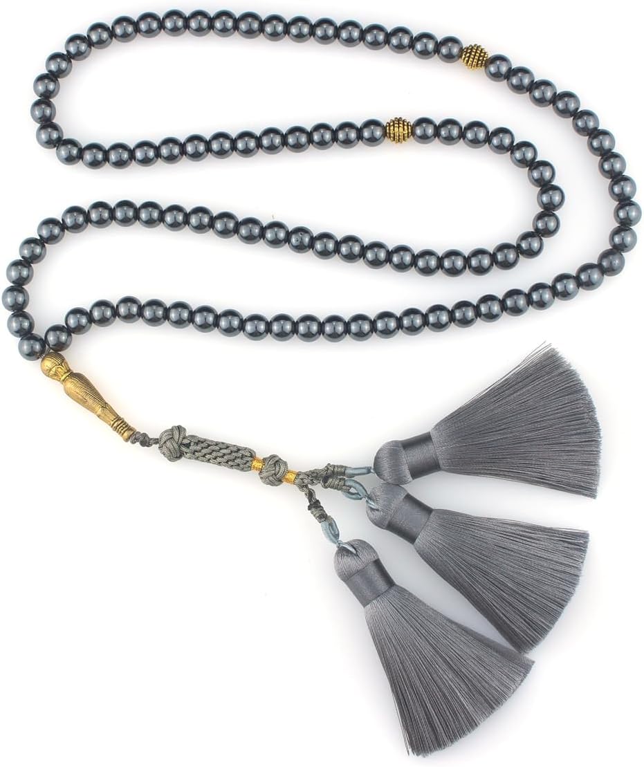 Muslims Islamic Dhikr Tasbeeh Tasbih Prayer Beads, 99 Hematite Beads with Tassel