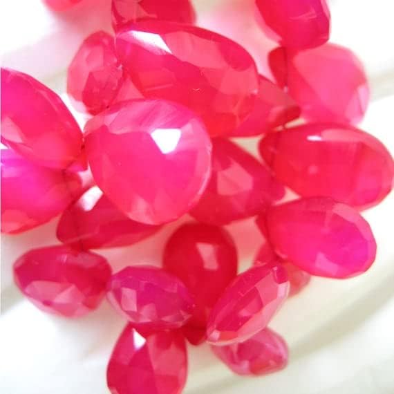 BEADS GEMSTONE 1 Strand Natural Chalceny - Hot Pink Briolettes - 13x9mm to 11x14mm Faceted Pear Shaped Briolettes - Full Strand 8 Inches Code-HIGH-18158