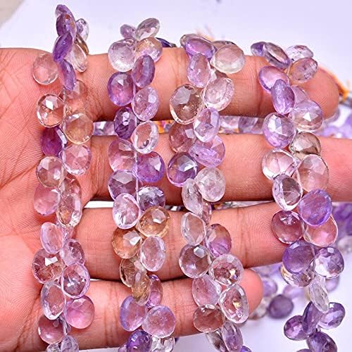 8 inch Strand of Natural Ametrine 10mm Heart Faceted briolette Beads for DIY Jewelry Making. |BRIO_00365
