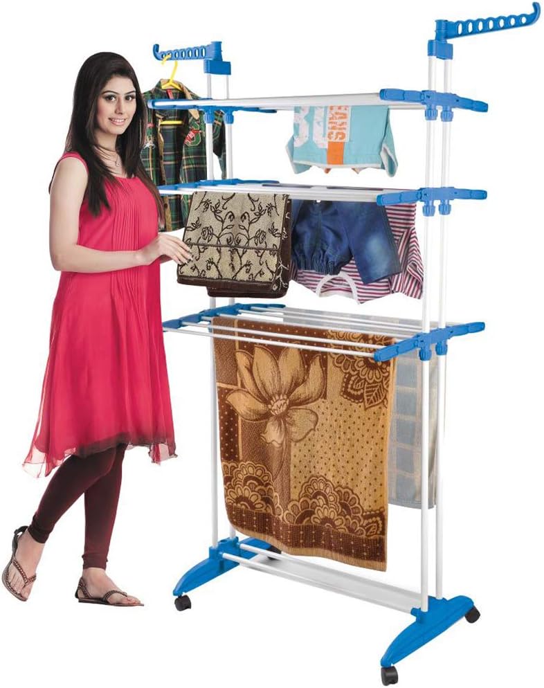 BonBon 3 Tier Clothes Drying Rack Folding Laundry Dryer Hanger Compact Storage Steel Indoor Outdoor (Blue/White)