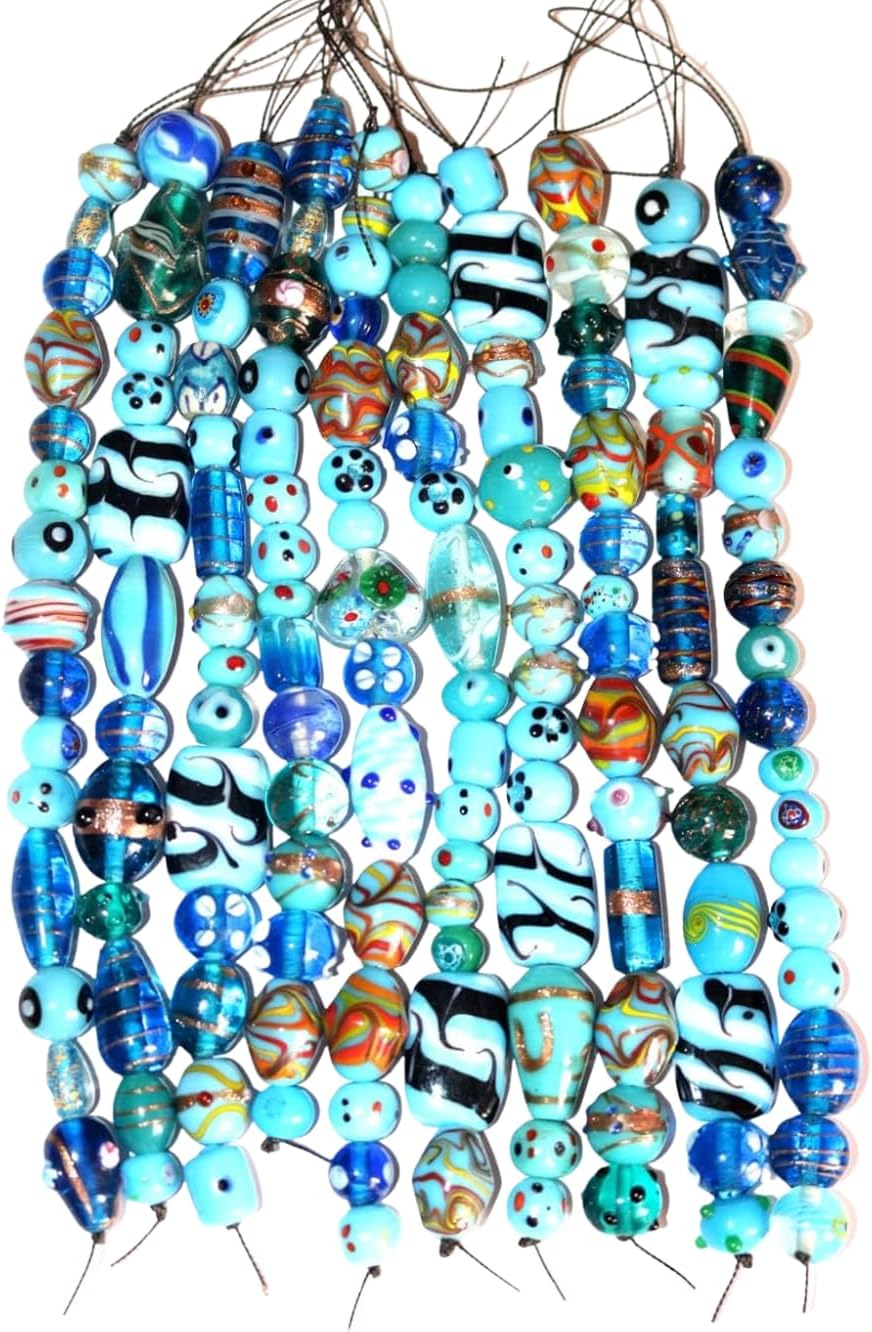 Handcrafted Turquoise Lampwork Glass Beads | Multi Shape Fancy Assorted Beads | Available in 50 Strands | Artistic Glass Bead Set for Jewelry Making & DIY Crafts.
