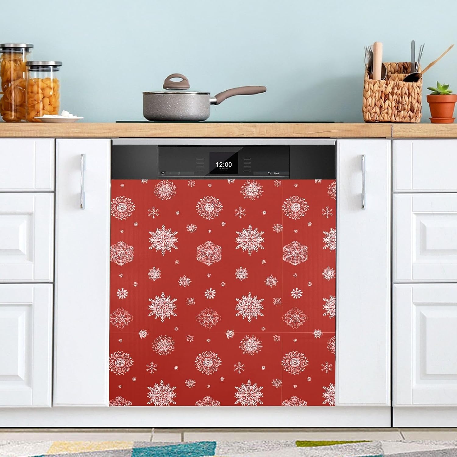 Pfrewn Christmas Winter Magnetic Dishwasher Cover Red Gold Snowflakes Christmas Flowers (8) Fridge Door Covers Kitchen Decal Vinyl Panel Decorative Refrigerator Laundry Appliances 23x26in