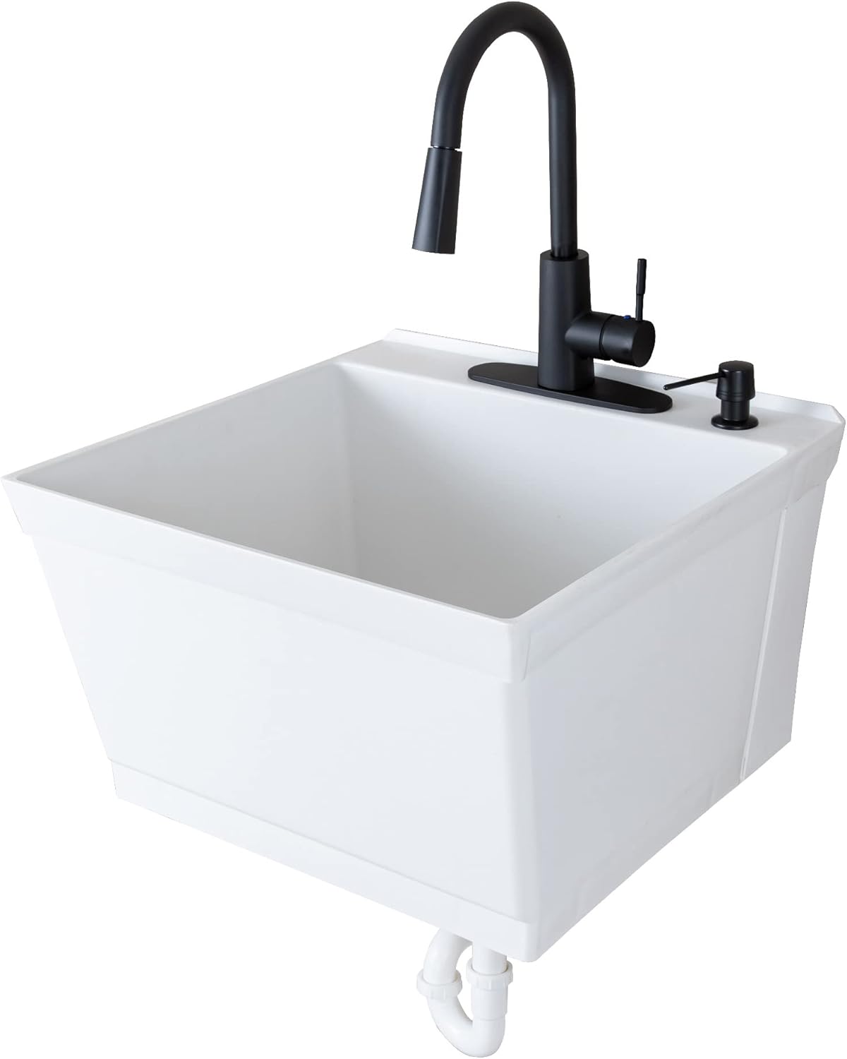 JS Jackson Supplies Tehila White Wall-Mounted Utility Sink Tub Kit with Black Pull-Down Faucet, Wall-Mounted Utility Tub with Wall Bracket for Laundry Room, Garage, Workshop