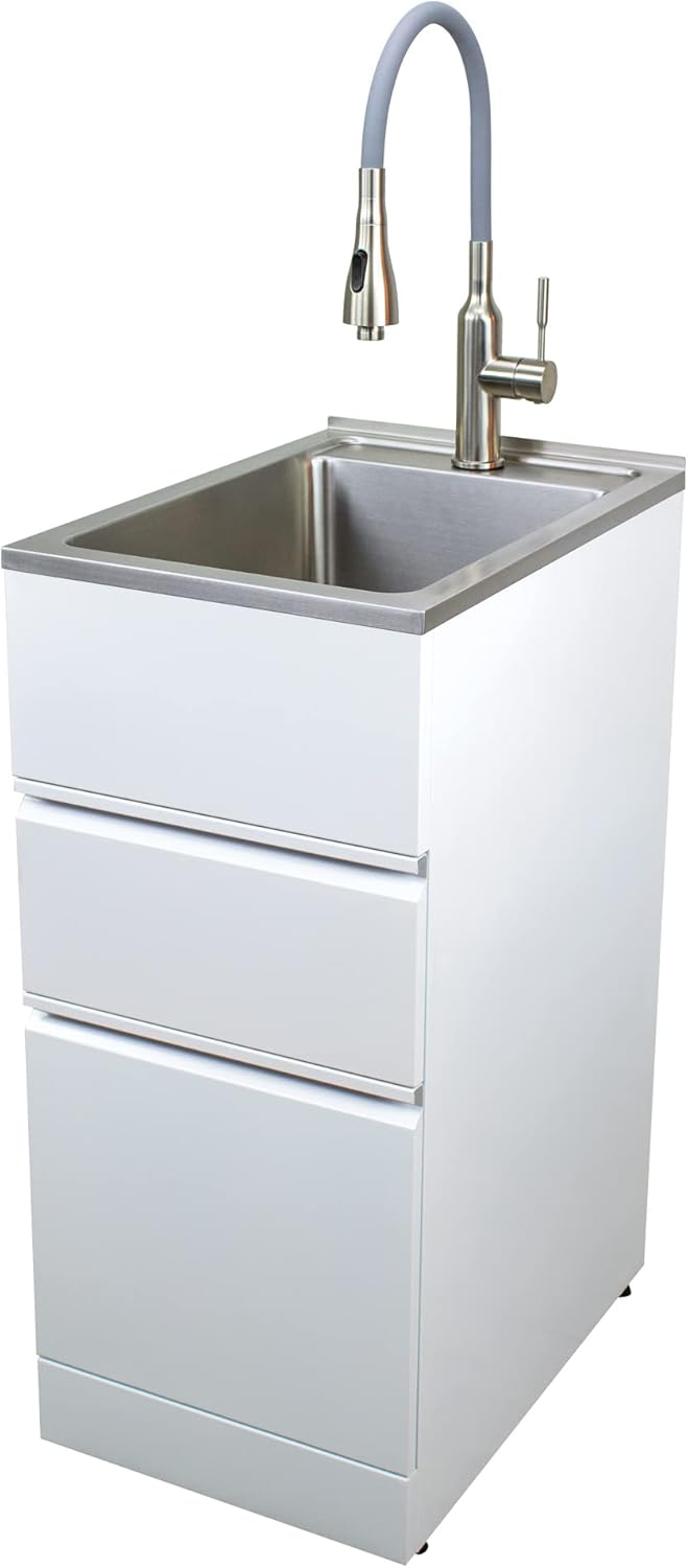 Transolid TC2D-1522-W All-in-One 15.5 in. x 22.4 in. x 34.9 in. Metal Drop-In Laundry/Utility Sink and Cabinet in Gloss White