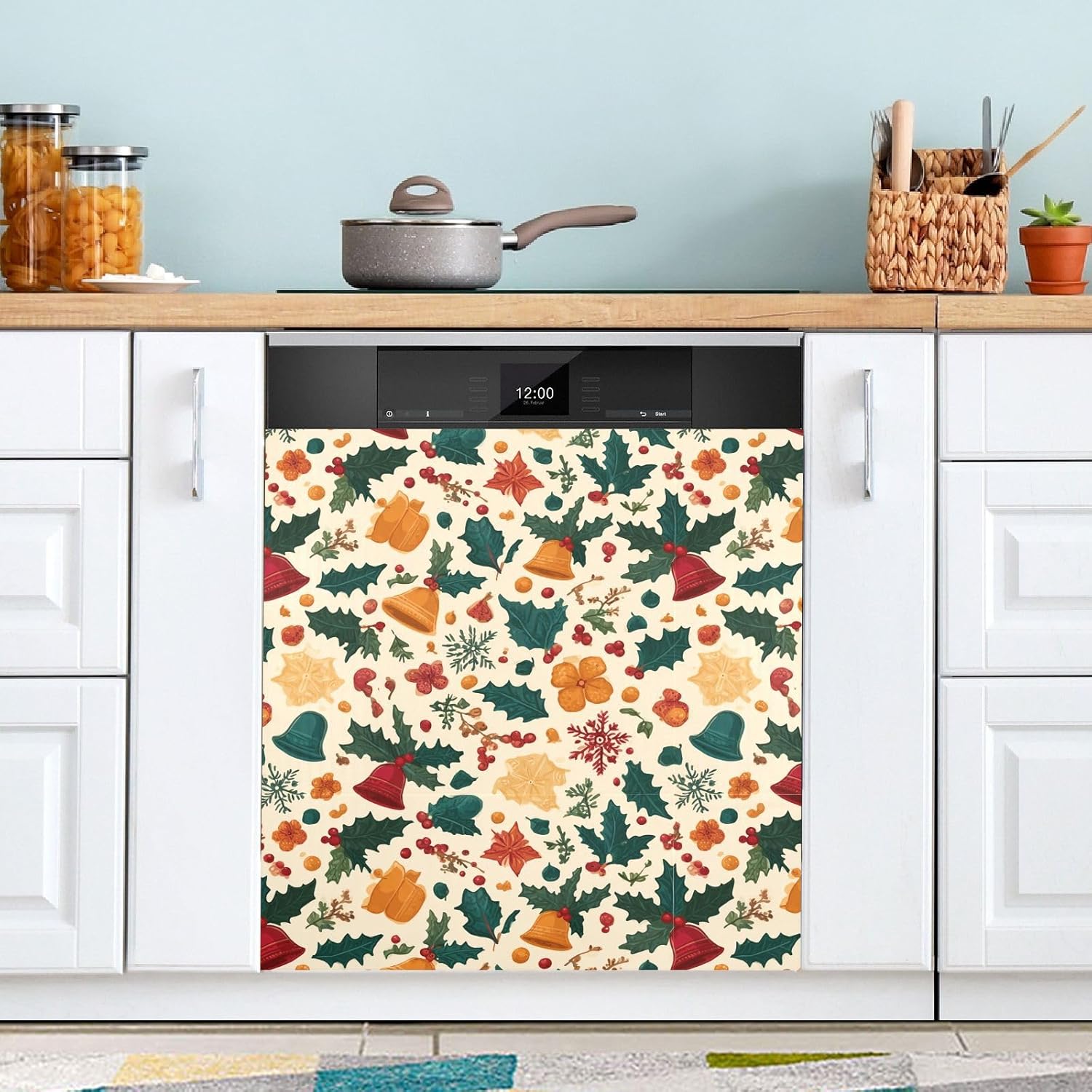 Pfrewn Christmas Winter Magnetic Dishwasher Cover Christmas Bells Holly Berry Yellow (1) Fridge Door Covers Kitchen Decal Vinyl Panel Decorative Refrigerator Laundry Appliances 23x26in