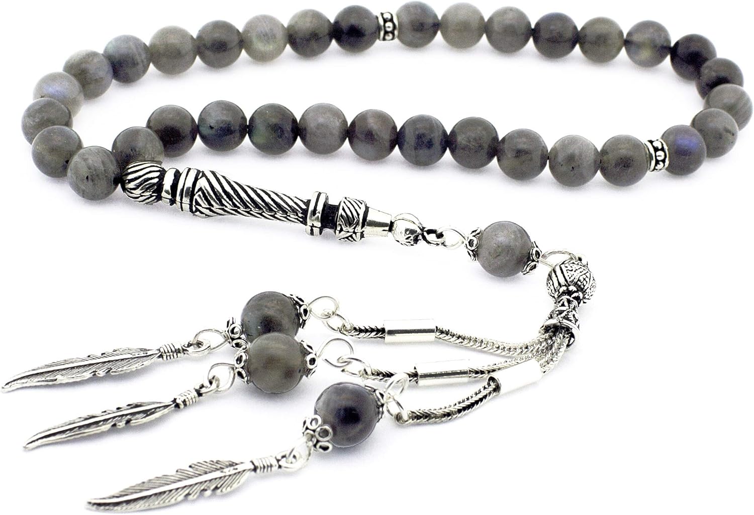 925 Sterling Silver Tassel Labradorite Islamic 33 Prayer Beads Tasbeeh Misbaha