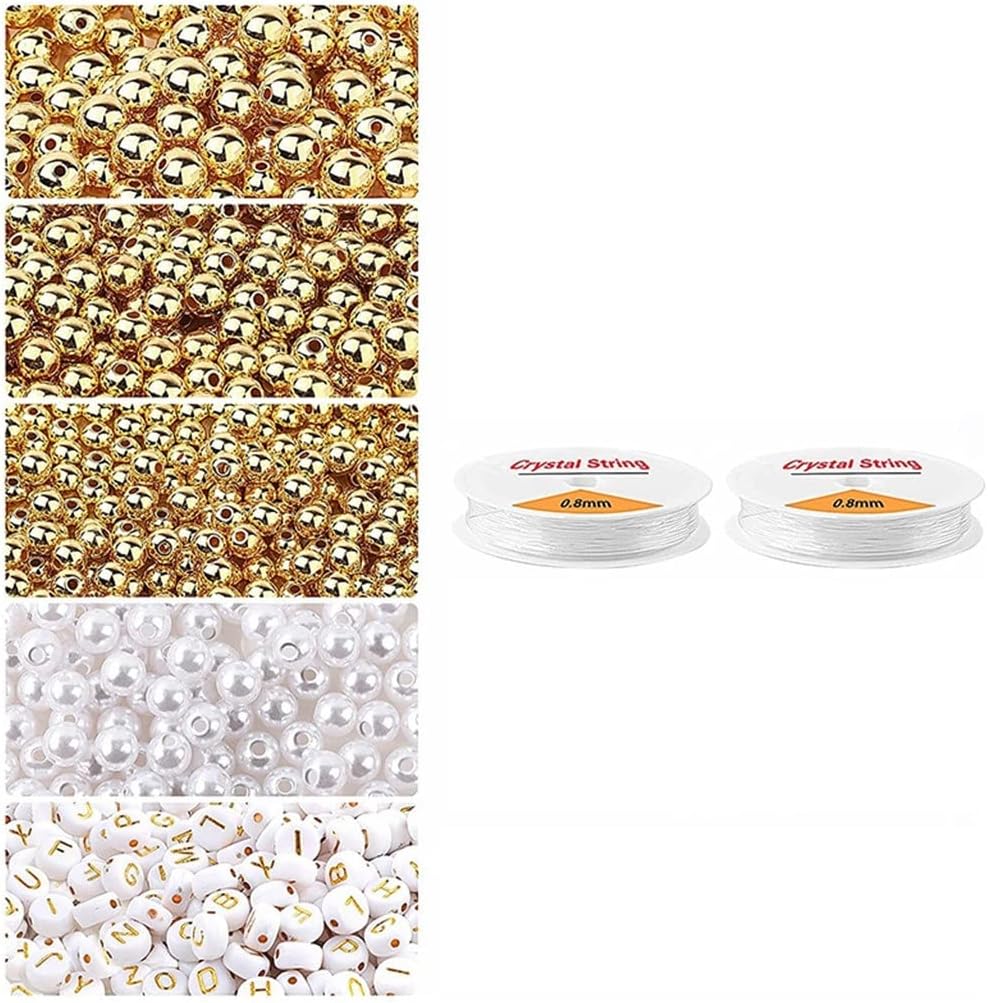 1800Pcs Beads Making Kit Gold Round Spacer Beads Alphabet Beads White Pearl Beads and Elastic String (Color : A Size : One Size)
