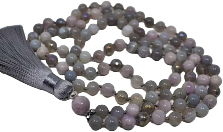 Natural Agate and Kunzite 8mm 108 Mala Beads, Spiritual, Meditation Beads, Reiki, Japa Mala, Buddhist Prayer Beads, Yoga Bracelet, healing beads LKMALA-RRGU-350