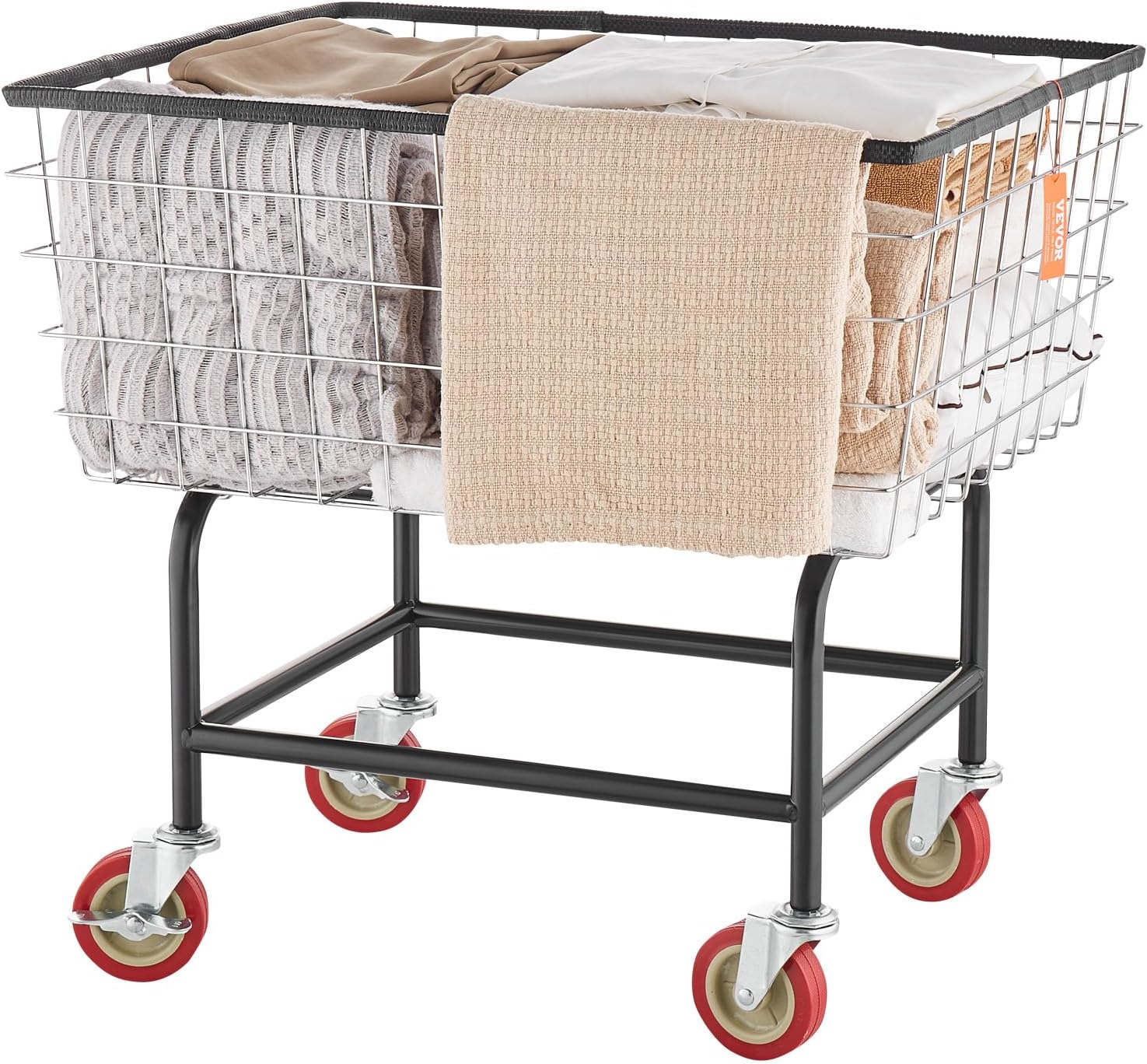 VEVOR Wire Laundry Cart, 2.8Bushel Wire Laundry Basket with Wheels, 26.7''x21.7''x26.4'' Commercial Basket Cart, Steel Frame with Chrome Finish, 4