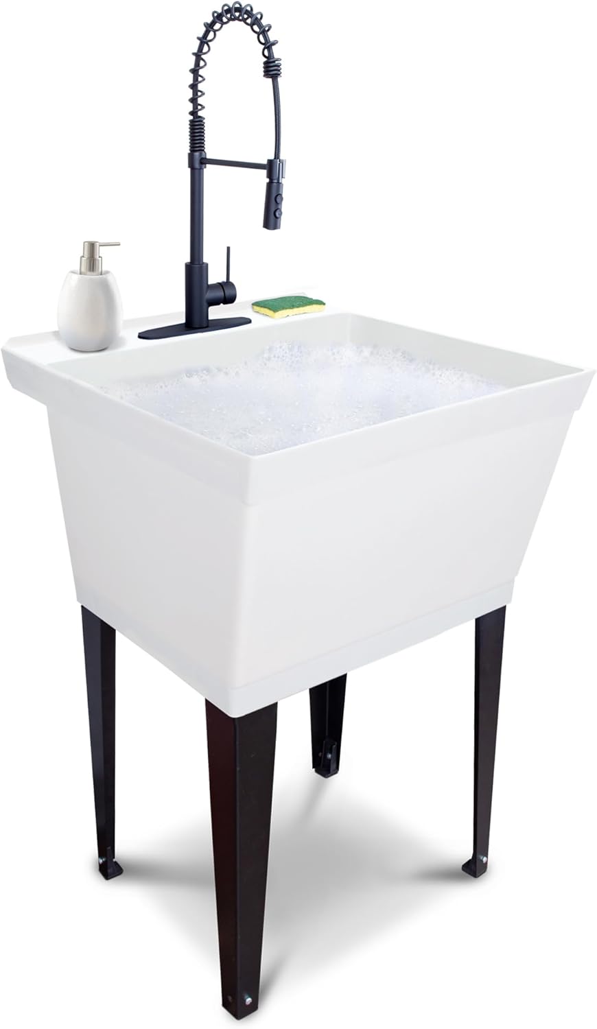 Utility Sink Extra-Deep Laundry Tub in White with High-Arc Coil Pull-Down Sprayer Faucet in Matte Black, Integrated Supply Lines, P-Trap Kit, Heavy Duty Floor Mounted Freestanding Wash Station