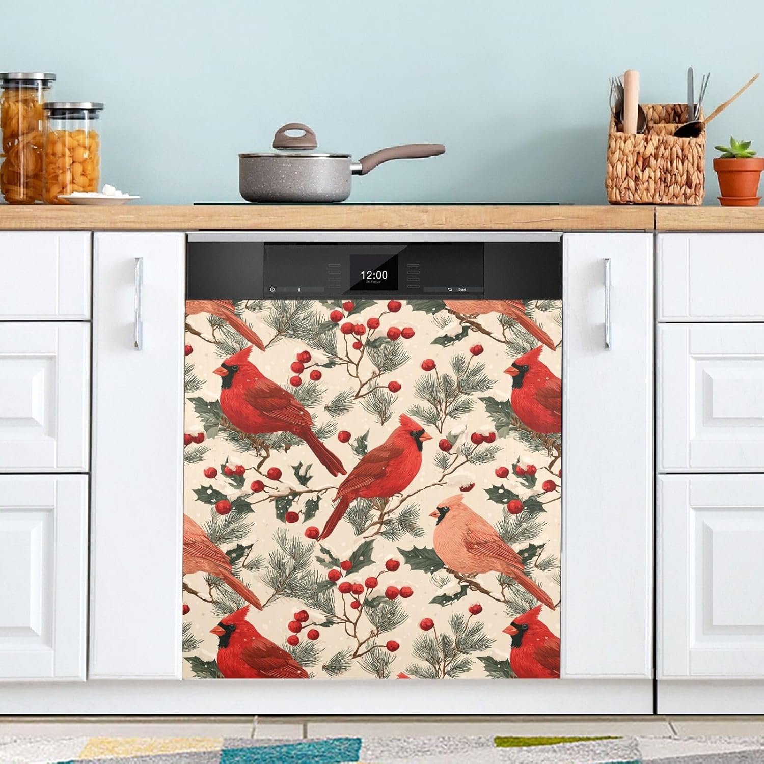 Pfrewn Christmas Winter Magnetic Dishwasher Cover Christmas Red Cardinal Birds Berries Fir (2) Fridge Door Covers Kitchen Decal Vinyl Panel Decorative Refrigerator Laundry Appliances 23x26in