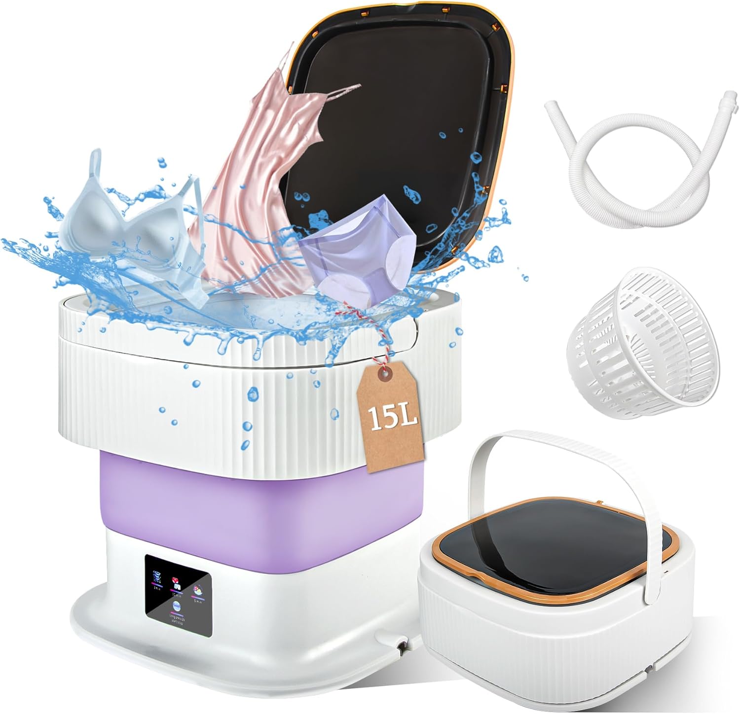 Mini Washing Machine, Portable Foldable Washer with 3 Cleaning Modes, Upgraded 60W Power & 15L Capacity Washer, Suitable for Apartments, Dorm, RV, Hotels, Baby Clothes, Underwear, Socks(purple)