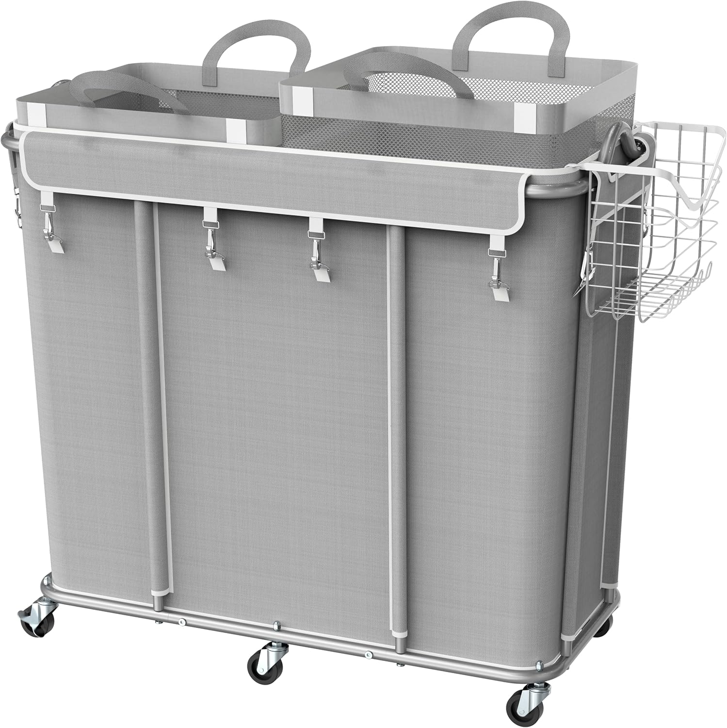 Simple Houseware Extra Large 2 Section Rolling Laundry Cart 265 Liter – Heavy Duty Hamper with 2 Removable Bags & 6 Smooth Wheels – Commercial Laundry Organizer for Home, Hotel, Dorm, Gym, Gray