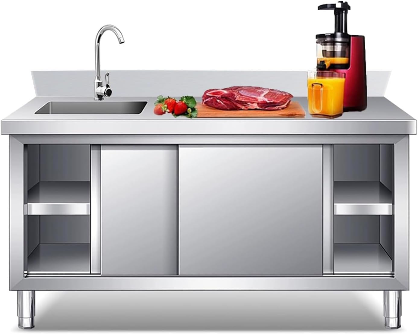 Outdoor Stainless Steel Kitchen Sink With Cabinet, Freestanding Laundry Utility Sink With Workbench & Storage With Faucet,Commercial Fish Cleaning Station Table for Garage Room Hotel(L.,120*60*80CM/47