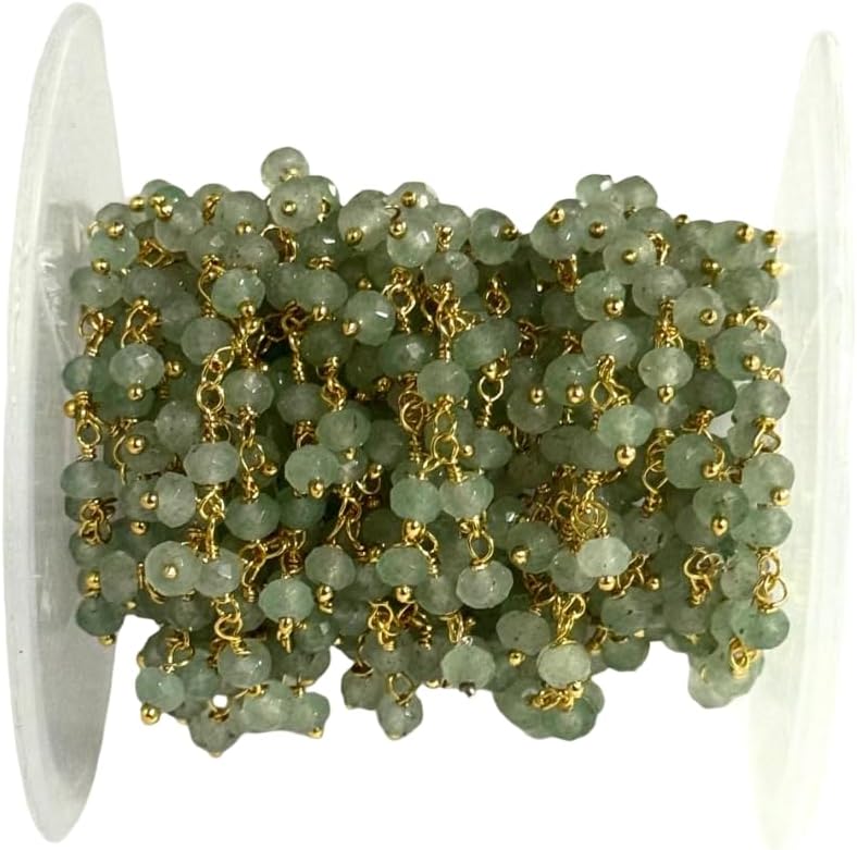 4mm Faceted Green Aventurine Jade Beaded Rosary Cluster Chain with Gold Plated Wire, Jewelry Making Supply by Foot 5 feet