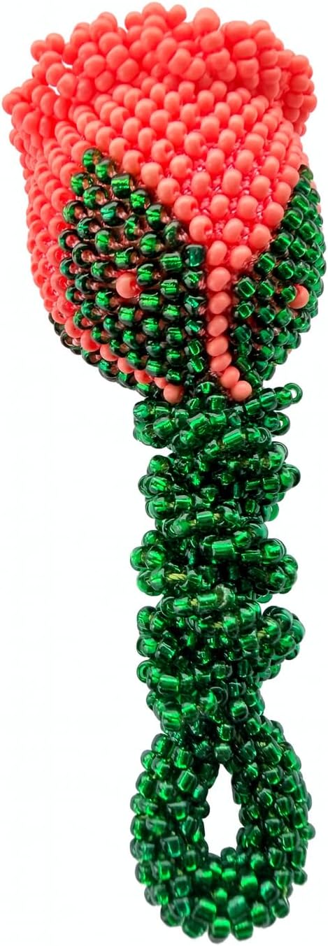 Coral Orange & Green Glass Beads | Elegant Handmade Flower Art Handmade Beaded Rose Ornament