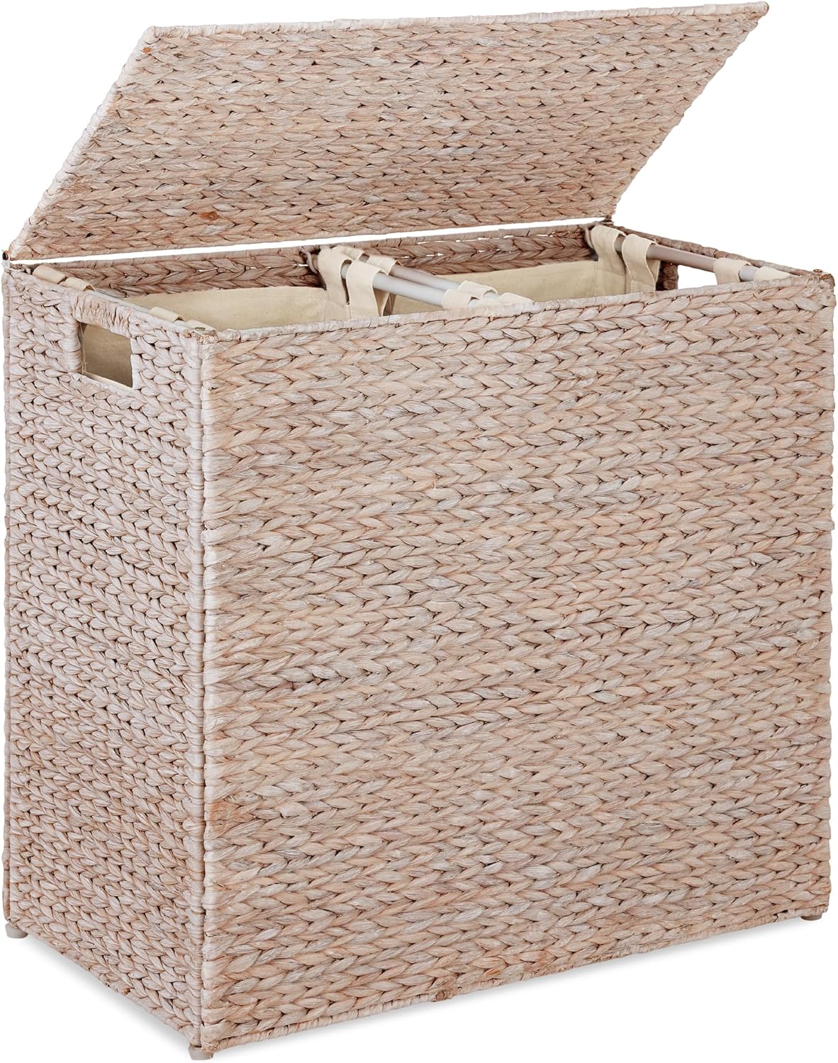 Best Choice Products Large Double Laundry Hamper with Lid, Natural Handwoven Water Hyacinth, 2 Sections w/ 2 Machine Washable Linen Liner Bags, Portable, Handles - Whitewash