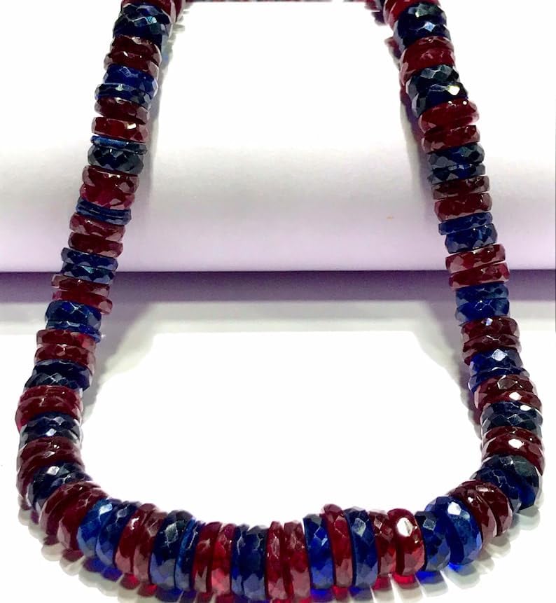 Natural Blue and RED Corundum tyre facated Beads 7-8 MM 18 inch Long String Jewelry Making Gemstone Beads for Necklace Bracelet
