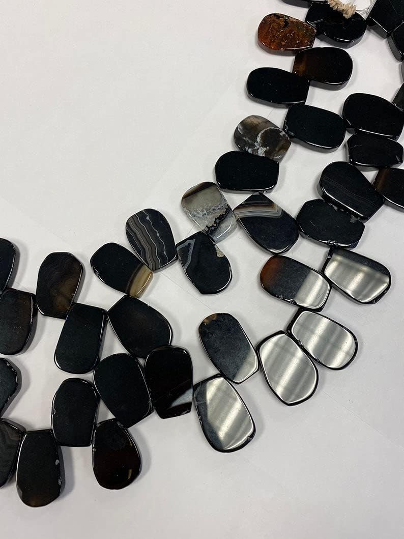 8 inch Strand of Natural Black Agate 26-30x18x6mm Flat Smooth briolette Beads for DIY Jewelry Making. |BRIO_00851