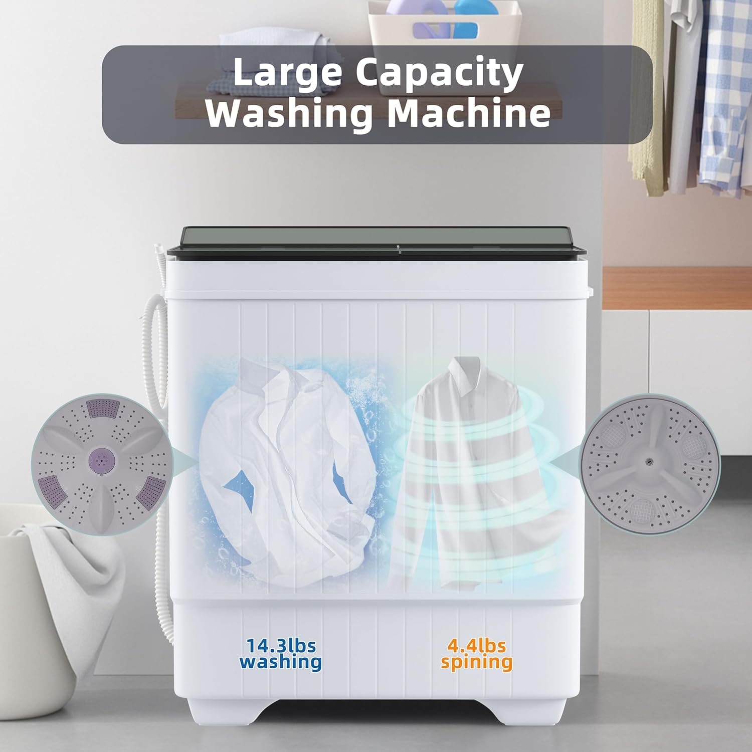 Elevon Portable Washing Machine Twin Tub 18.7 Lbs Capacity, (14.3 Lbs) and Spinner(4.4 Lbs) Combo Mini Compact Laundry Washer for Home, Apartment, Camping, RVs and Dorms, Black/White