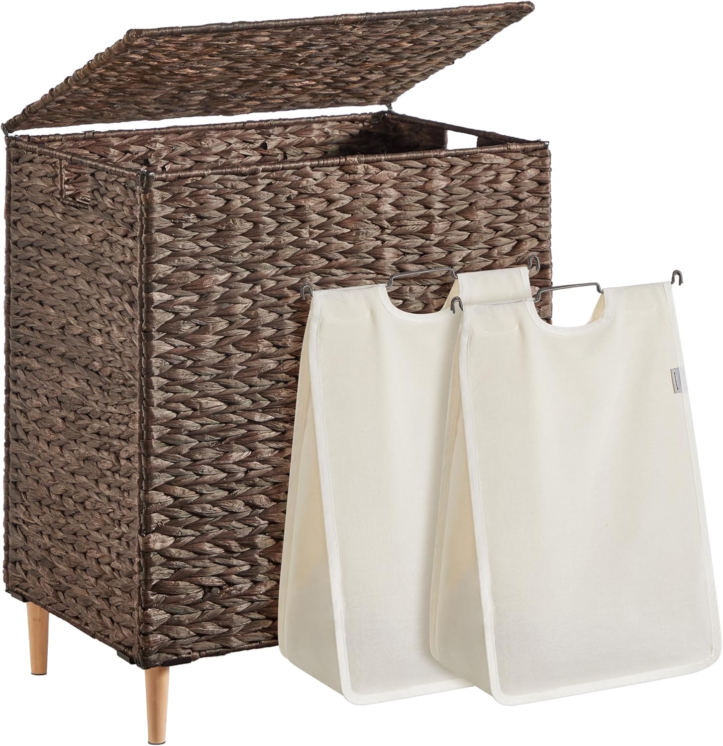 SONGMICS Laundry Hamper 2 Sections, 34.3 Gal. (130 L) Handwoven Water Hyacinth Wicker Laundry Basket with Lid, Natural Material, Removable Machine Washable Liners, Handles, Espresso ULCB202K01