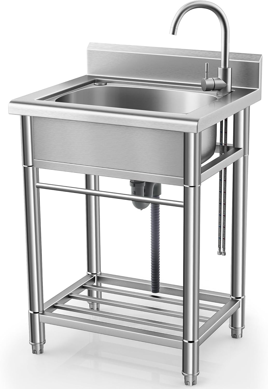 Utility Sink Free Standing Single Bowl Kitchen Sink with Cold and Hot Water Pipe Stainless Steel Sink for Laundry Room Bathroom Farmhouse