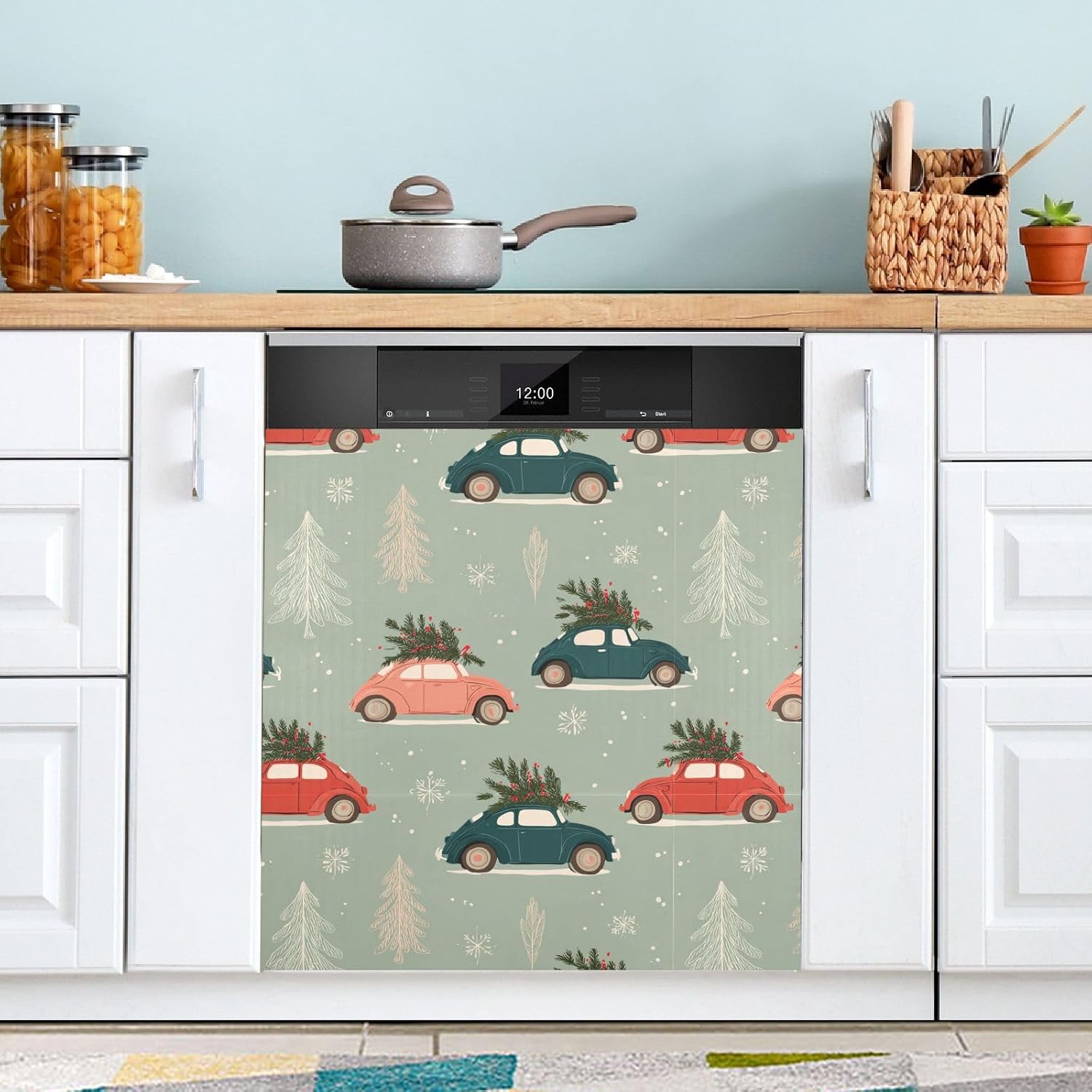 Pfrewn Christmas Winter Magnetic Dishwasher Cover Cars Carrying Trees Snow (3) Fridge Door Covers Kitchen Decal Vinyl Panel Decorative Refrigerator Laundry Appliances 23x26in