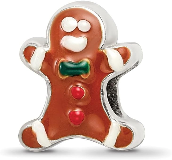 Solid 925 Sterling Silver Reflections Enameled Gingerbread Man Bead (9.1mm x 10.9mm)