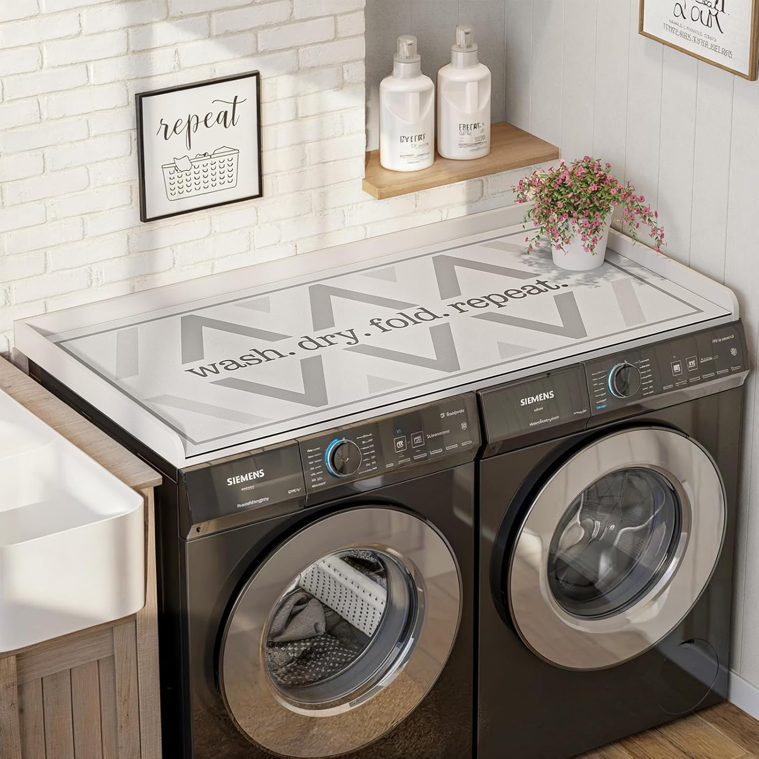 Premium Washer Dryer Countertop with Anti-Slip Pad, 54inch Laundry Room Organization Set, Stackable Storage Solution with Silicone Ironing Mat, Diatomite Mat(White)