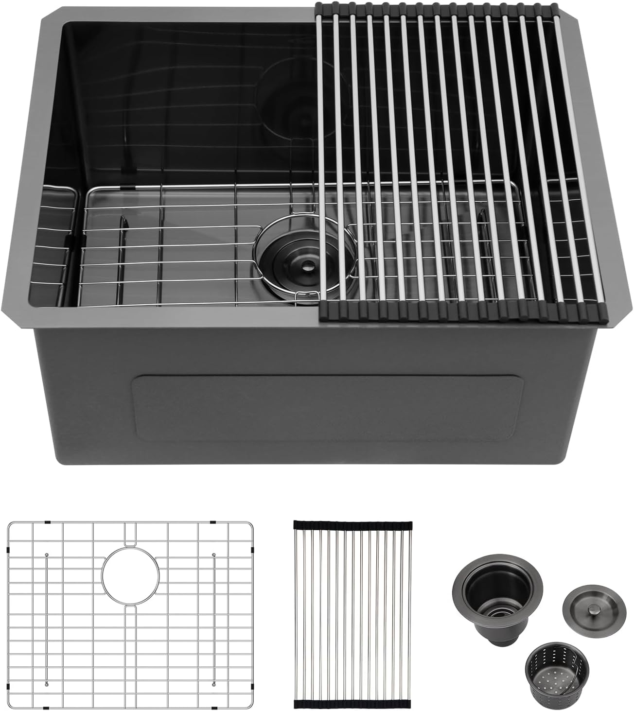 24 x 18 Inch Black Undermount Laundry Sink NANO PVD 16 Gauge Stainless Steel Single Bowl Large Deep Kitchen Sinks Basin 24