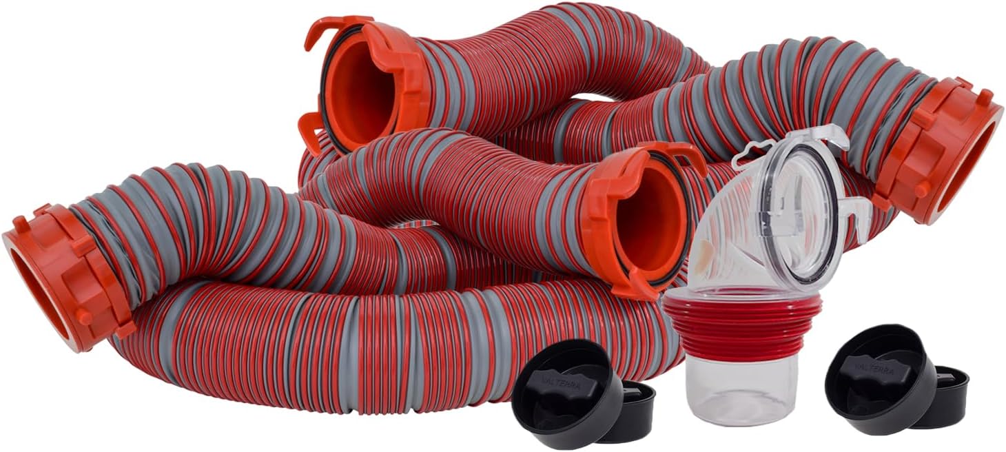 Valterra Viper 20-Foot RV Sewer Hose Kit, Universal Sewer Hose for RV Camper, Includes 2 Attachable 10-Foot Hoses with Rotating Fittings, 90 Degree ClearView Sewer Adapter and 4 Drip Caps