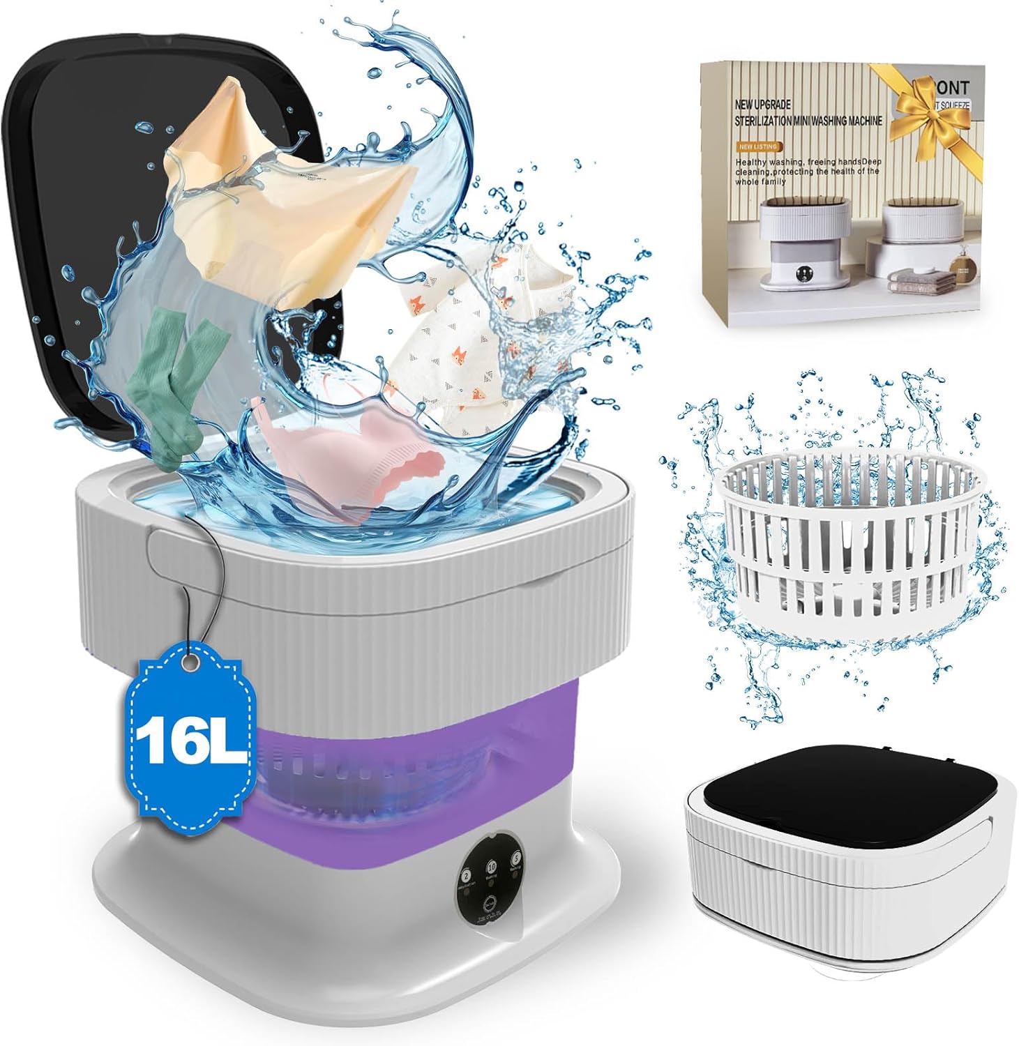 Portable Washing Machine, 16L Foldable Mini Washing Machine & Spin Dryer, Collapible Compact Washer, Small Folding Laundry Washer, Socks, Baby Clothes, Underwear, Dorm, Camping, Apartment, RV, Purple