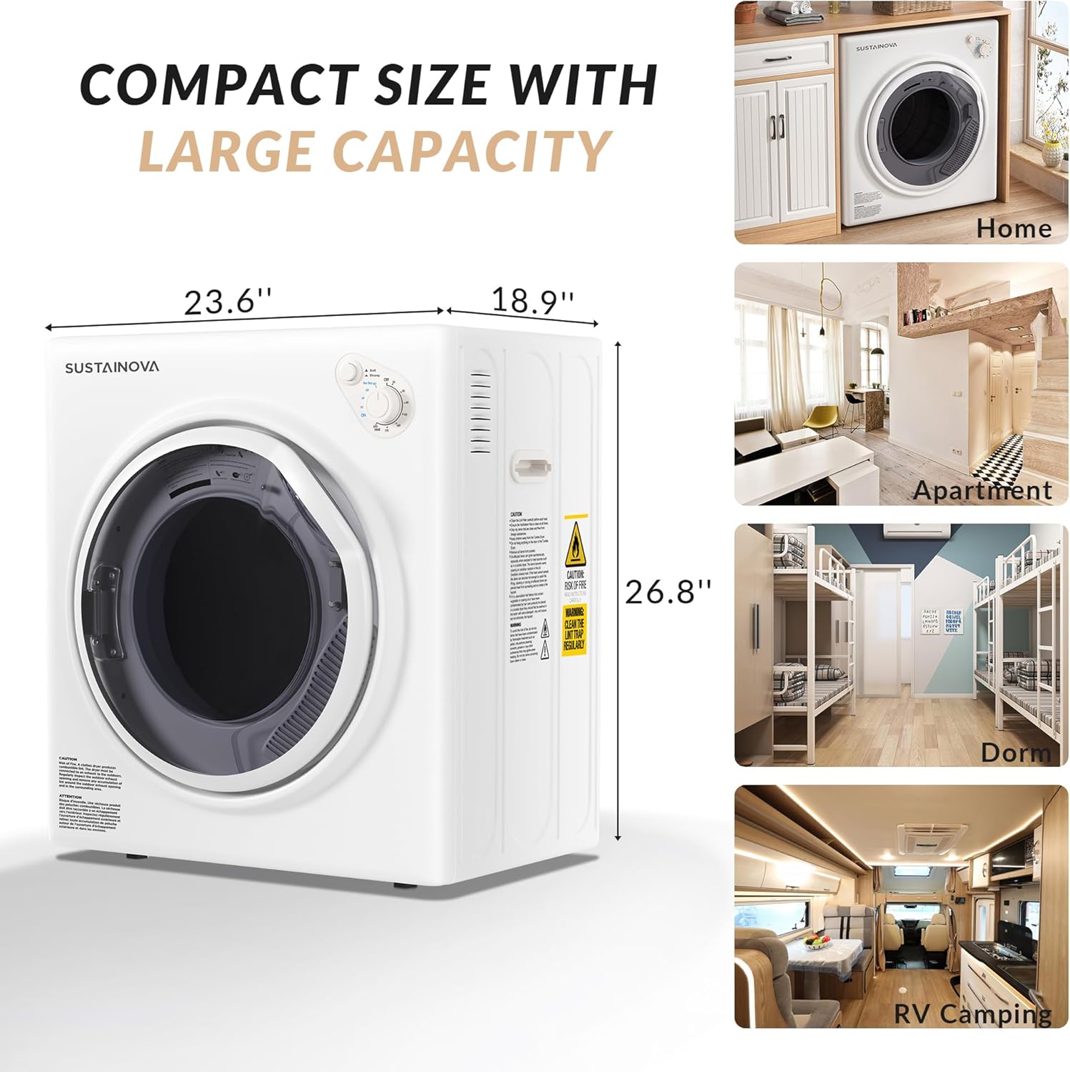 Elevon Portable Clothes Dryer 1350W, Compact Dryer for laundry with 5 Drying Modes, 2.6 Cu.ft Front Load Dryer Machine, Stainless Steel Tub for Small Space, RVs, Overheat Protection, Black & White