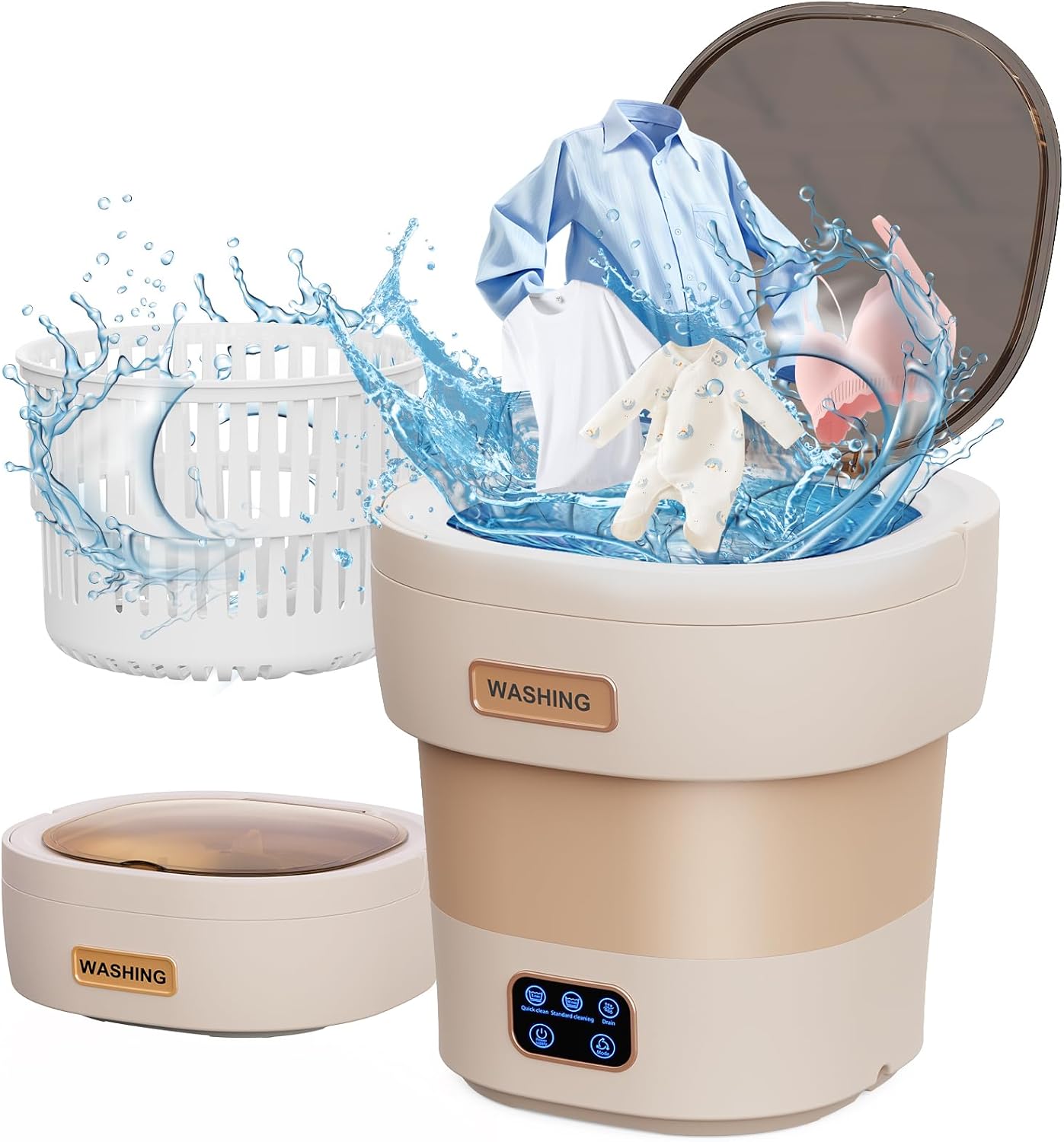 Portable Washing Machine - 12L Foldable Mini Washer with Spin Dry Basket, 3 Wash Modes | Space-Saving Collapsible Design for Apartment, Dorm, RV, Travel | Easy Setup (Khaki)