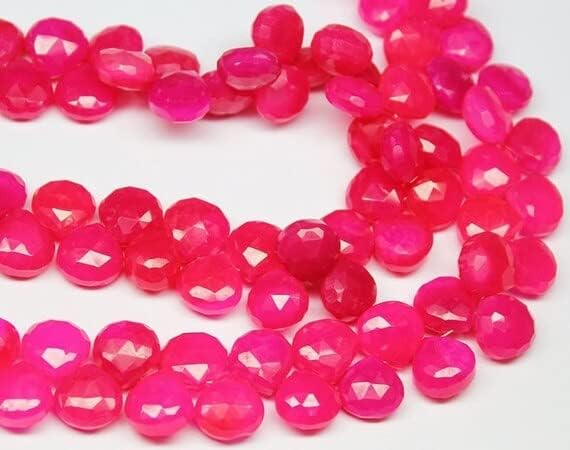 Hot Pink Chalcedony Faceted Heart Drop Gemstone Loose Beads Strand 8