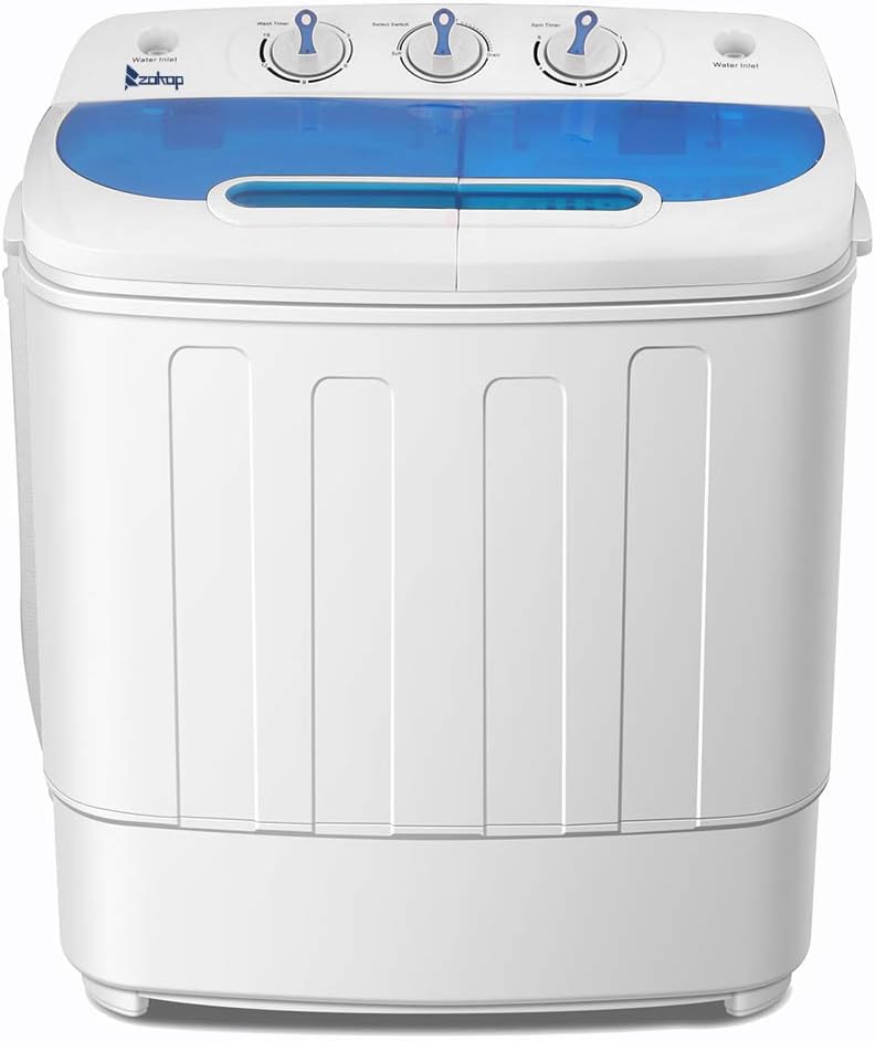 Compact Twin Tub Portable Washing Machine, Semi-Automatic Twin Tub 13lbs Compact Washer and Spinner, Built-in Drain Pump, Control Knobs and Hose, Laundry washer for Apartment, RV, White & Blue