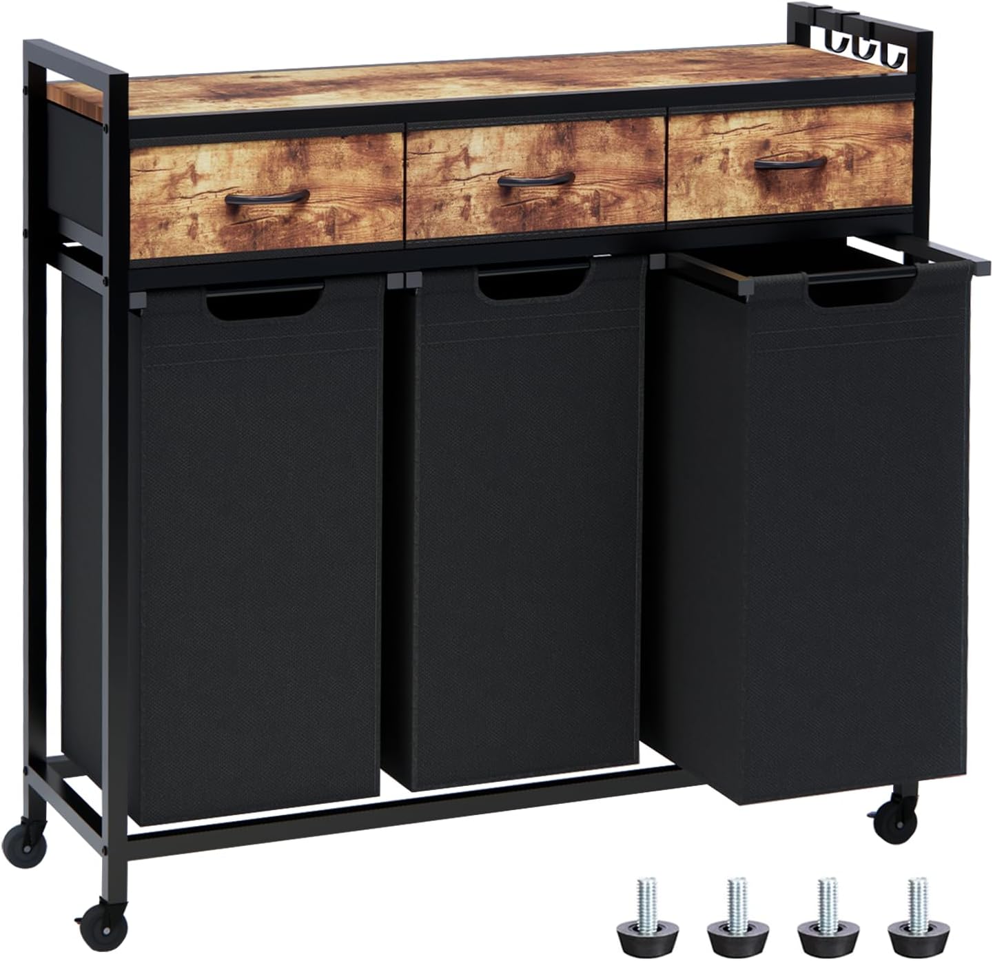 Laundry Hamper, Laundry Sorter 3 Section, Rolling Laundry Basket with Wheels, 3 Drawers, 3 × 14.5 Gal (55 L), Pull-Out and Removable Oxford Fabric Bags, Black and Rustic Brown