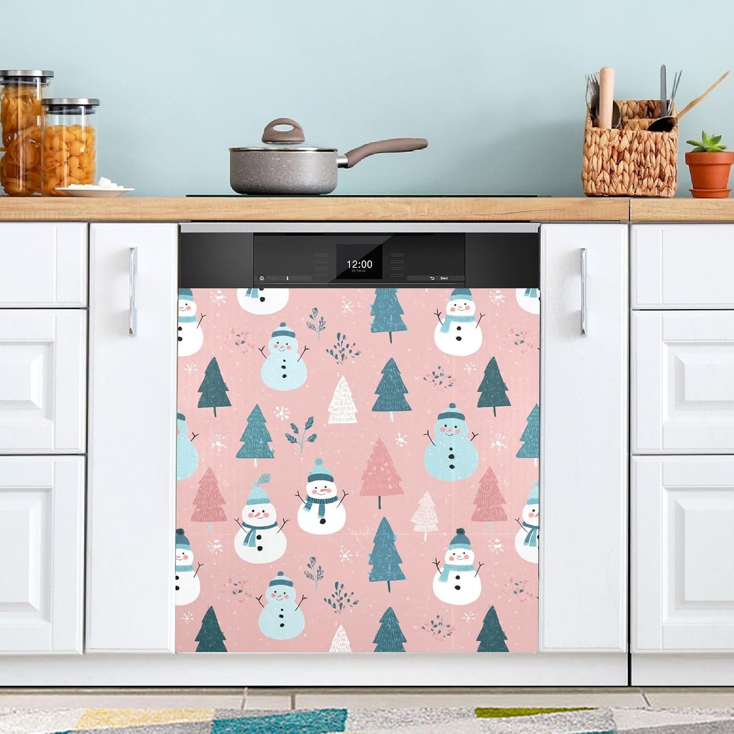 Pfrewn Christmas Winter Magnetic Dishwasher Cover Blue Snowmen Christmas Trees Pink Fridge Door Covers Kitchen Decal Vinyl Panel Decorative Refrigerator Laundry Appliances 23x26in