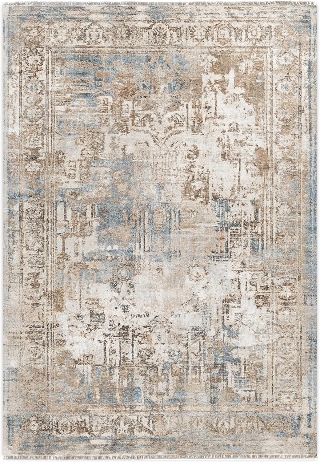 Chenille Machine Washable Area Rugs with Non Slip Backing, Ideal for Hallway, Living Room, Bedroom, Kitchen and Laundry Room, Vintage and Low Pile Rug (Beige-Blue, 5'x7')