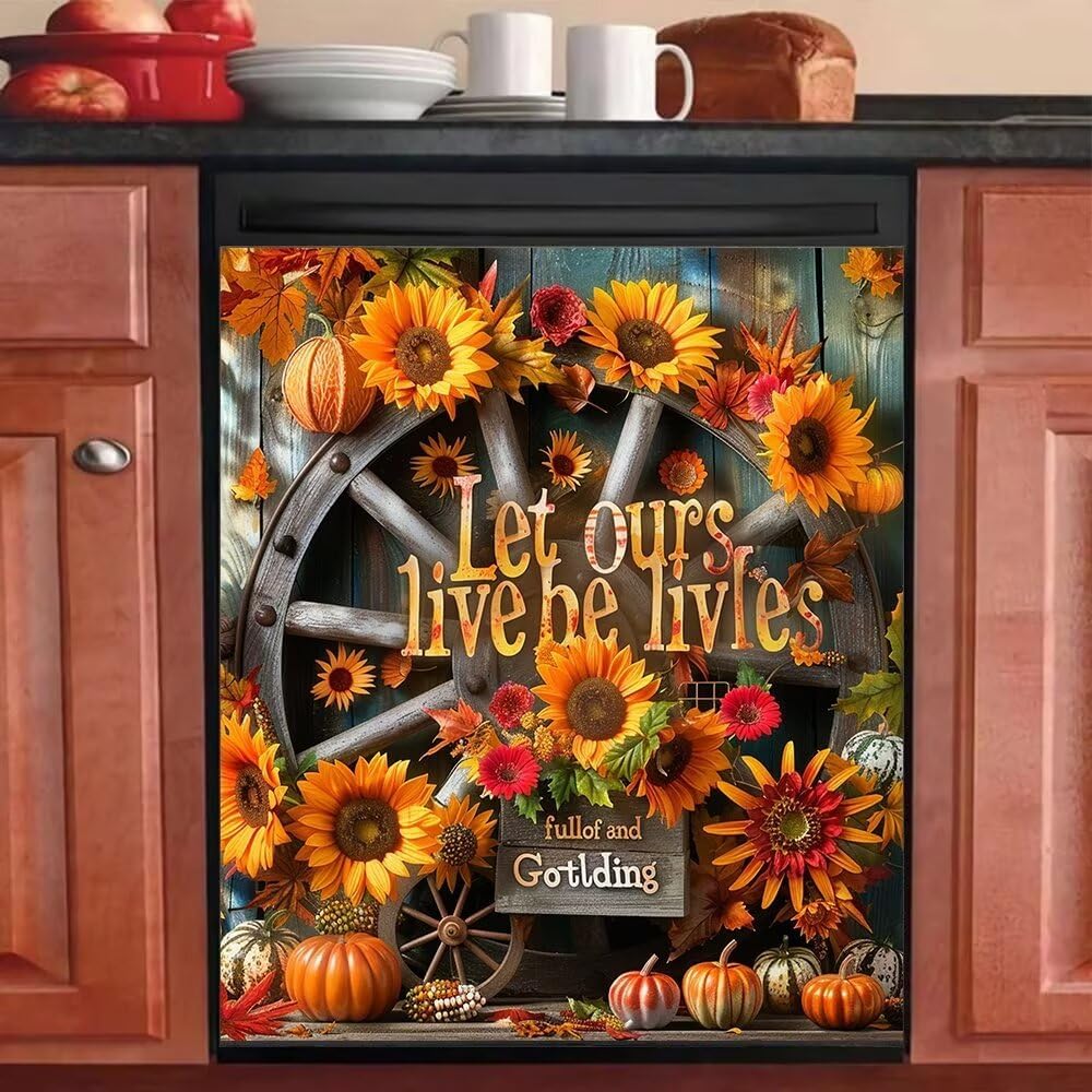 Generic Vintage Autumn Pumpkin Dishwasher Magnet Cover Farmhouse Sunflower Floral Vinyl Panel Decor Refrigerator Kitchen Laundry Appliance Decor 23