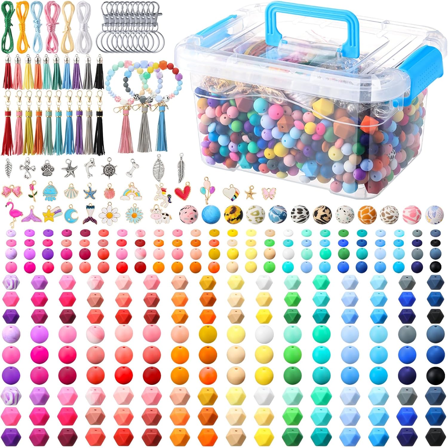 Hotop 1176 Pcs Silicone Beads for Keychain Making Kit, 12mm15mm Round 14mm17mm Polygonal Silicone Rubber Beads for Keychain DIY Necklace Bracelet Jewelry Making Supplies