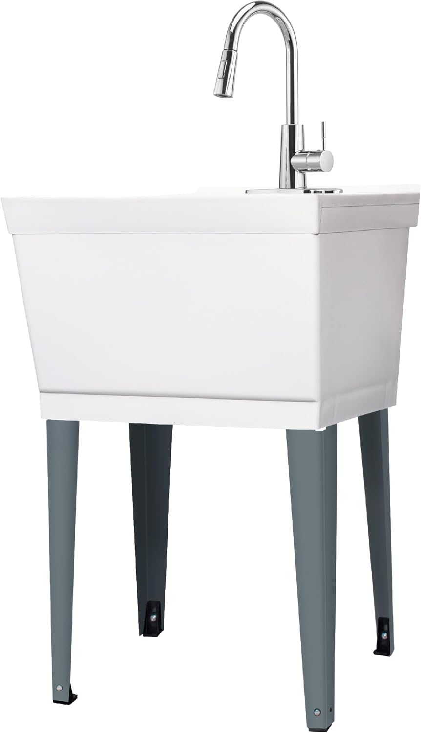 White Utility Sink Laundry Tub with High Arc Chrome Faucet for Laundry Room Basement, Garage, Shop