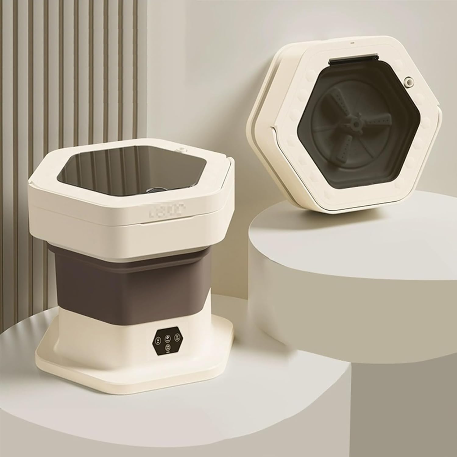 Portable Washing Machine, Mini Foldable Washing Machine, 2 in 1 Small Collapsible Washer, for Baby Clothes, Underwear, Camping, RV, Travel(Beige)