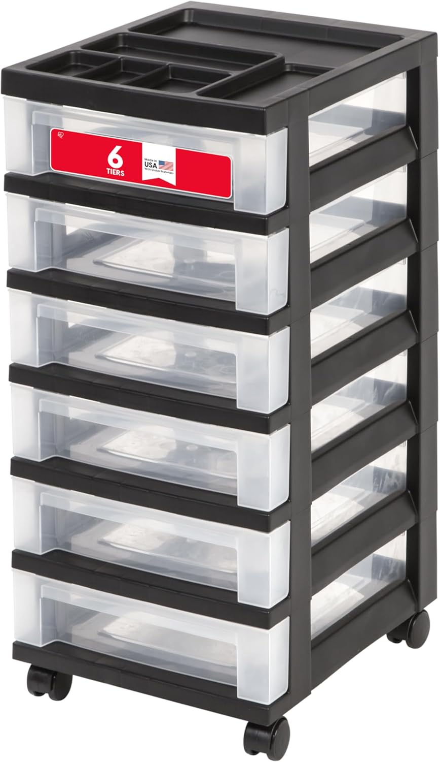IRIS USA Plastic Drawer Storage Organizer Rolling Cart, with Wheels Casters, 6-Drawers, for Classroom Art Craft Supplies Dresser Closet Bathroom Laundry Room, Black/Clear
