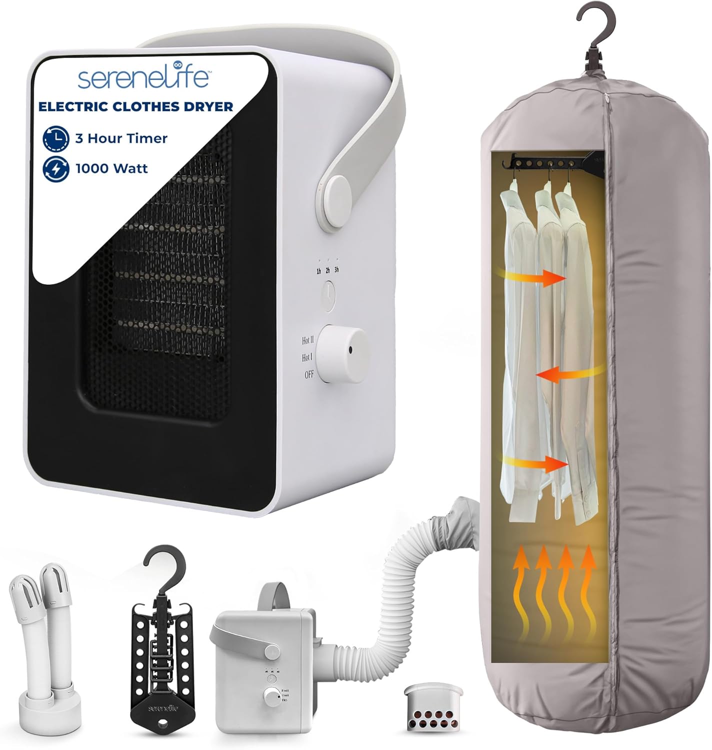 SereneLife Electric Portable Clothes Dryer | 1000W Multi-Use Mini Heater & Aroma Diffuser for Home, Apartment, Dorm, Travel & RV Camping | Suitable for Drying Clothes, Dresses, Shoes, Hats & Gloves