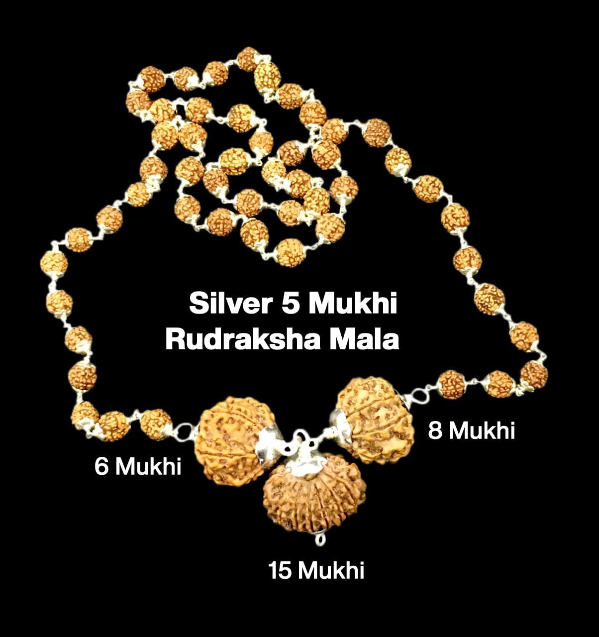 Rudraksha Combination for Business 6,8,15 Mukhi Nepal in Silver Mala IGL Lab Certified Original Genuine Beads (Small)